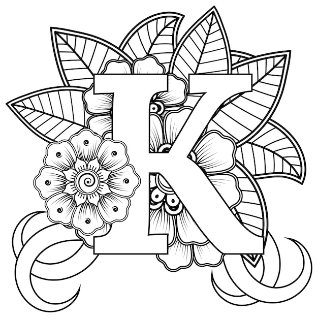 Letra K com ornamento decorativo de flor Mehndi na página do livro para colorir estilo oriental étnico