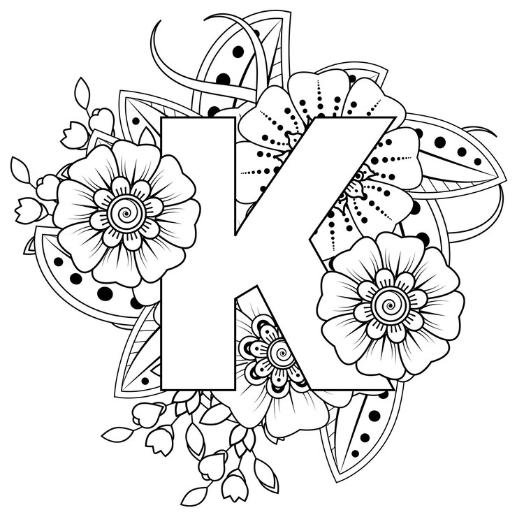 Vetor letra k com ornamento decorativo de flor mehndi na página do livro para colorir estilo oriental étnico