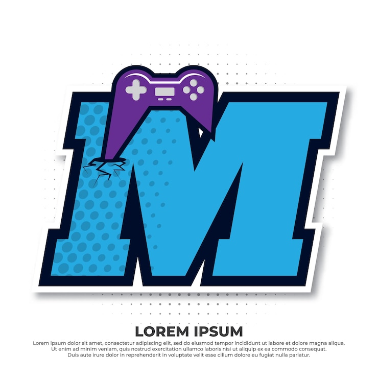 Vetor letra m com ícone do jogo designs de logotipo esport do console de jogos com estilo pop