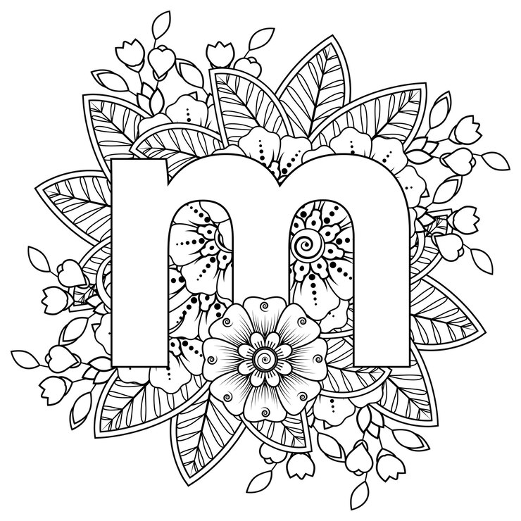 Vetor letra m com ornamento decorativo de flor mehndi na página do livro para colorir estilo oriental étnico