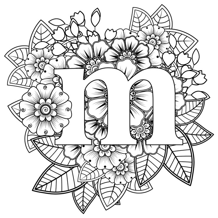 Vetor letra m com ornamento decorativo de flor mehndi na página do livro para colorir estilo oriental étnico