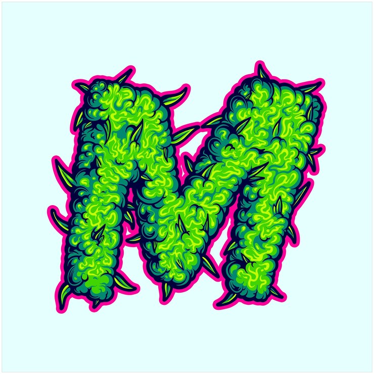 Vetor letra m verde estilizada com contorno rosa e textura de cannabis