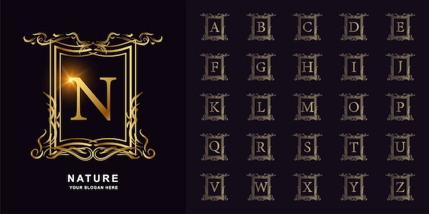 Vetor letra n ou alfabeto inicial de coleção com modelo de logotipo dourado moldura floral ornamento de luxo.