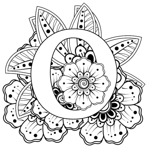 Letra o com ornamento decorativo de flor mehndi na página do livro para colorir estilo oriental étnico