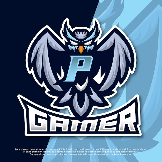 Vetor letra p owl mascot design de logotipo de jogos esports coruja ilustração de pássaros noturnos logotipo de esports de gamers de pássaros