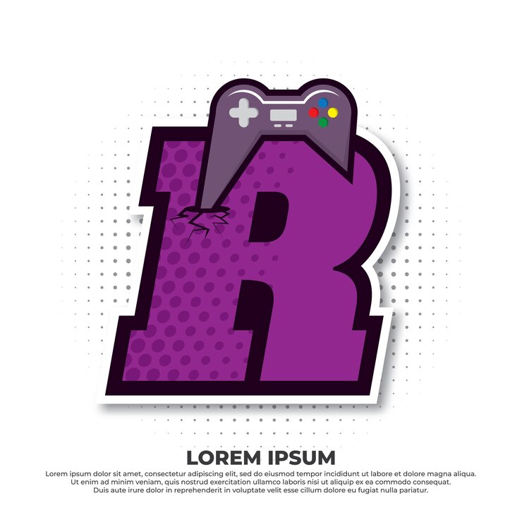 Vetor letra r com ícone do jogo designs de logotipo esport do console de jogos com estilo pop