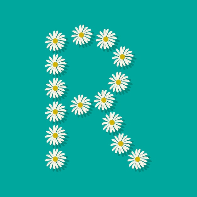 Letra r de flores de camomila branca. fonte festiva ou decoração para férias de primavera ou verão e design. ilustração em vetor plana