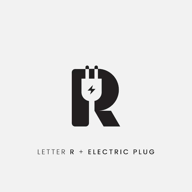 Letra r mais ícone do logotipo do plugue elétrico de espaço negativo