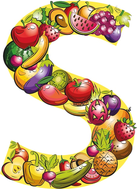 Letra s. letras de frutas. colagem de frutas e vegetais coloridos na letra do alfabeto