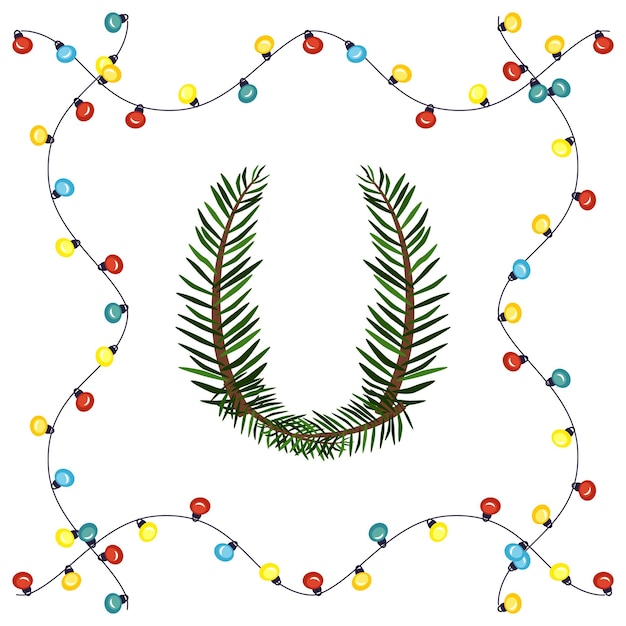 Letra u de galhos verdes de árvores de natal. fonte festiva e moldura de guirlanda, símbolo de feliz ano novo e natal, sinal do alfabeto