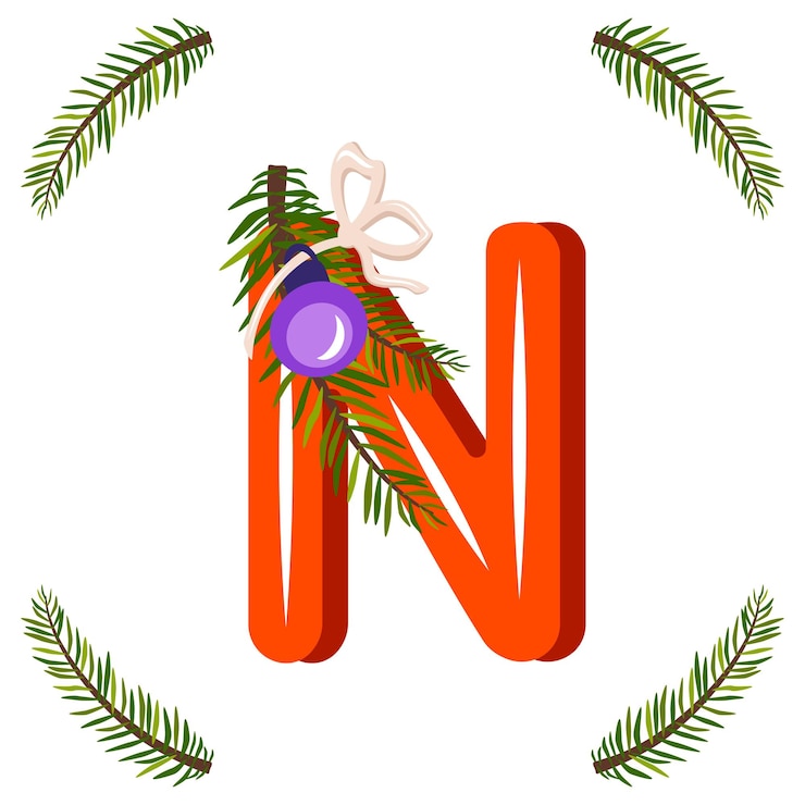 Vetor letra vermelha n com galho de árvore de natal verde, bola com arco. fonte festiva para feliz ano novo e alfabeto brilhante