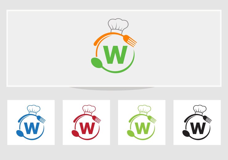 Vetor letra w logotipo do restaurante com chapéu de chef, símbolo de garfo e colher