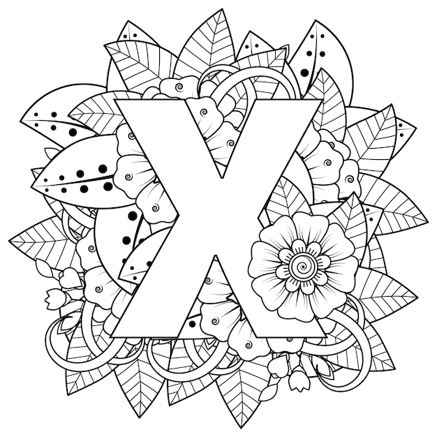 Letra x com ornamento decorativo de flor mehndi na página de livro para colorir de estilo oriental étnico