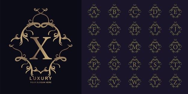 Letra x ou alfabeto inicial de coleção com modelo de logotipo dourado moldura floral ornamento de luxo.