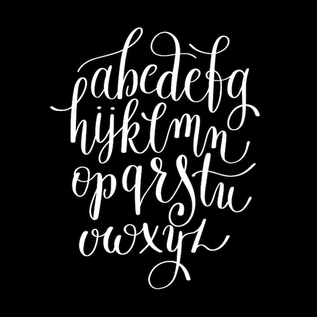 Letras à mão em preto e branco, desenho de alfabeto, escova manuscrita, moderna