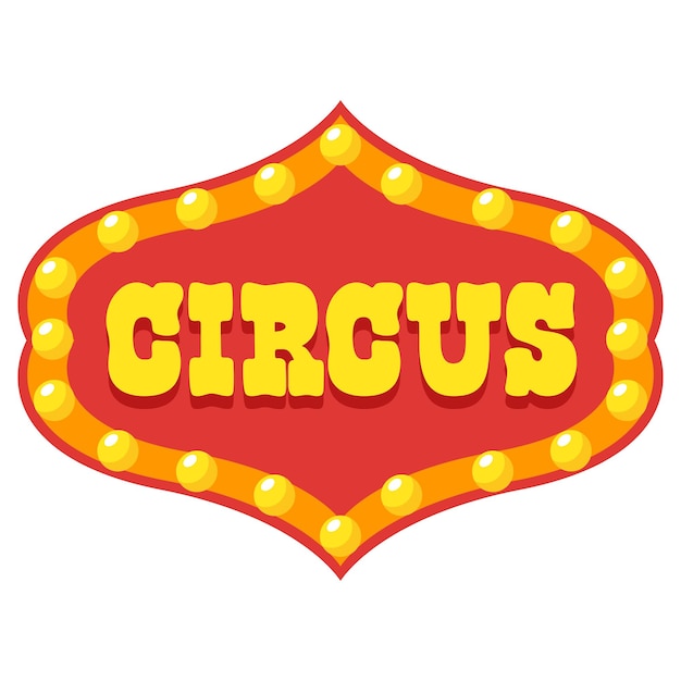 Letras amarelas de circo em fundo vermelho com bulbos amarelos adequados para promoções de carnaval de circo