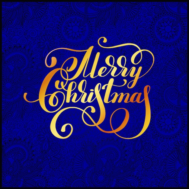 Letras caligráficas de ouro de feliz natal em fundo azul ornamental