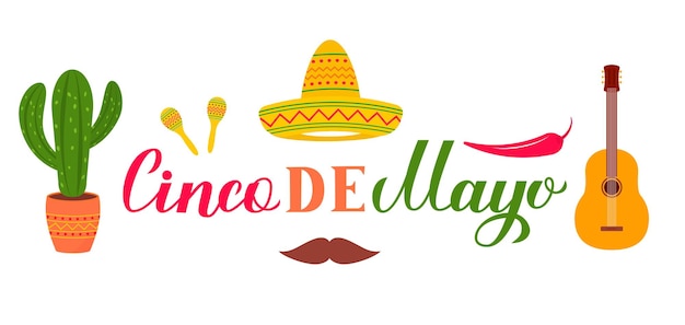 Letras cinco de mayo com cacto de guitarra sombrero e maracas cartaz de tipografia de festa mexicana modelo vetorial para cartaz de convite de festa cartaz de cartão de saudação panfleto etc