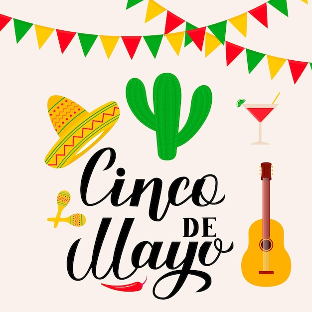 Vetor letras cinco de mayo com símbolos mexicanos tradicionais sombrero cactus pimenta guitarra maracas bandeiras margarita fácil de editar o modelo para convite de festa banner cartaz panfleto de cartão de felicitações