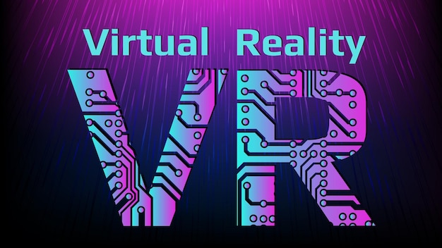 Vetor letras coloridas abreviação de vr para realidade virtual perfurada com trilhas de placa de circuito pcb em fundo magenta escuro