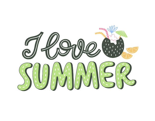 Letras coloridas de verão em estilo moderno. decoração de feriado desenhada à mão. projeto de ilustração vetorial isolado com elementos de verão.