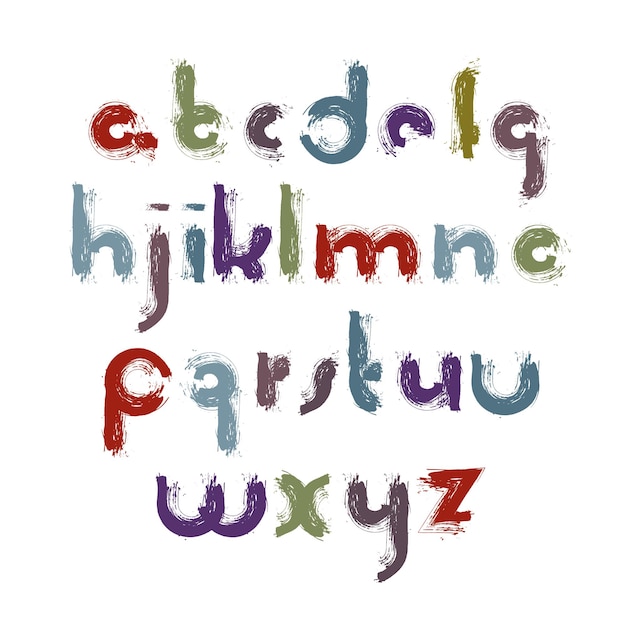 Letras coloridas pintadas à mão vetoriais isoladas no fundo branco, script de arte em minúsculas sujo com pinceladas, fonte de acrílico pique.