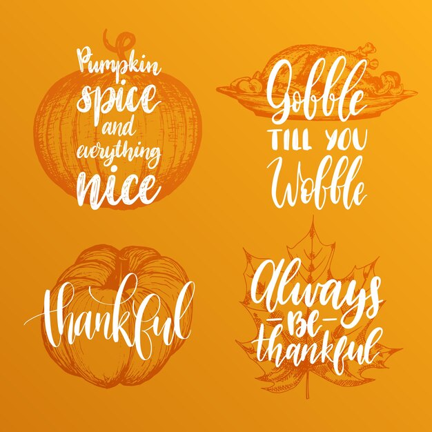 Vetor letras de ação de graças de vetor com ilustrações para convites ou cartões festivos. conjunto de caligrafia manuscrita de gobble till you wobble, happy fall etc.