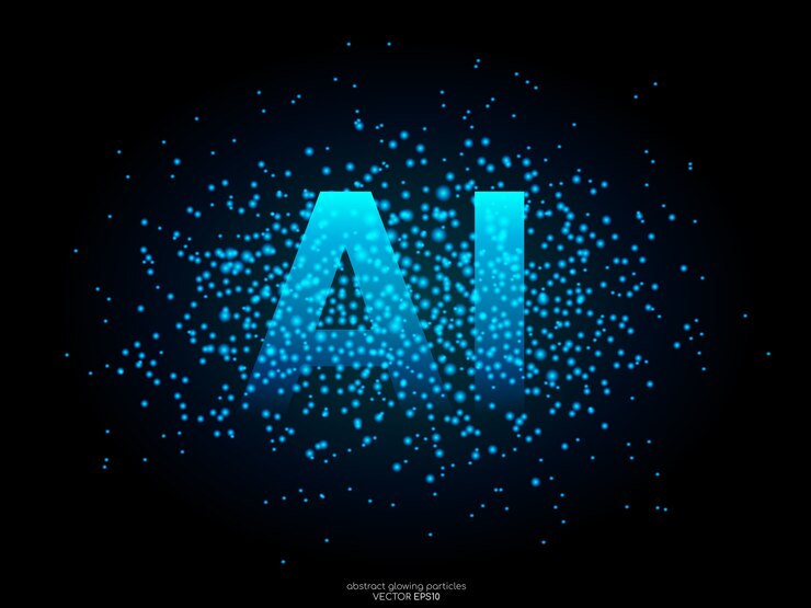 Vetor letras de ai com partículas de ponto de luz azul no preto. conceito de tecnologia ai.