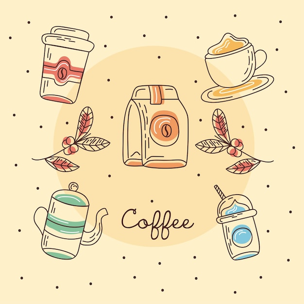 Letras de café e sete ícones