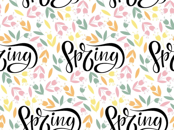 Vetor letras de caligrafia de primavera e flores sem costura padrão em tons pastel
