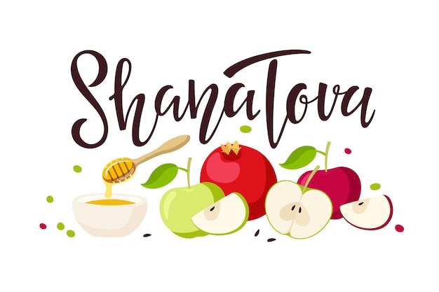 Letras de caligrafia manuscritas de shana tova com composição isolada de mel de romã de maçã