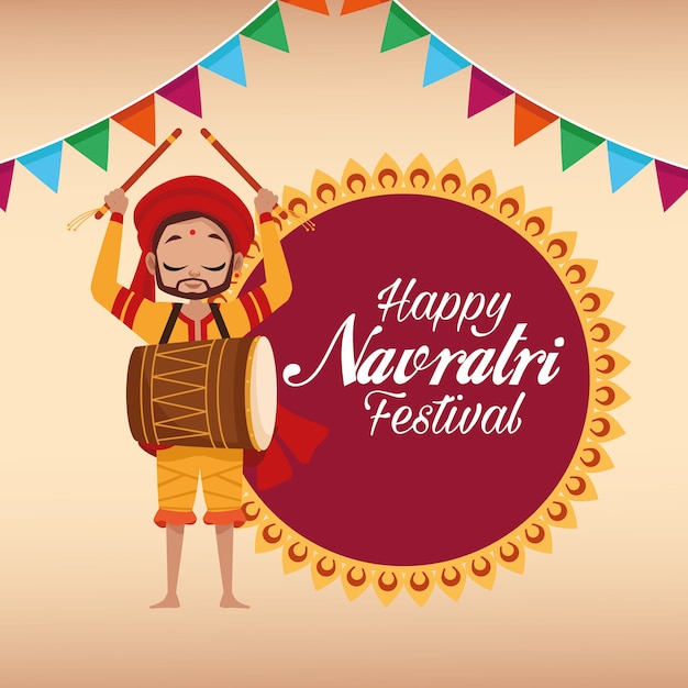 Letras de cartão de celebração feliz navratri com homem tocando tambor e guirlandas