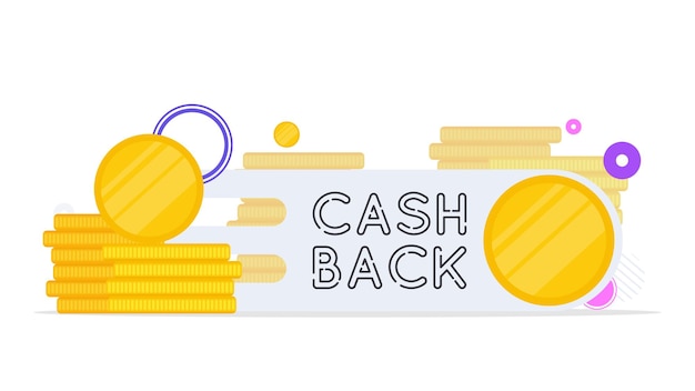 Letras de cashback isoladas no fundo branco. Moedas de ouro. Composição sobre o tema dinheiro de volta e cashback. Vetor.