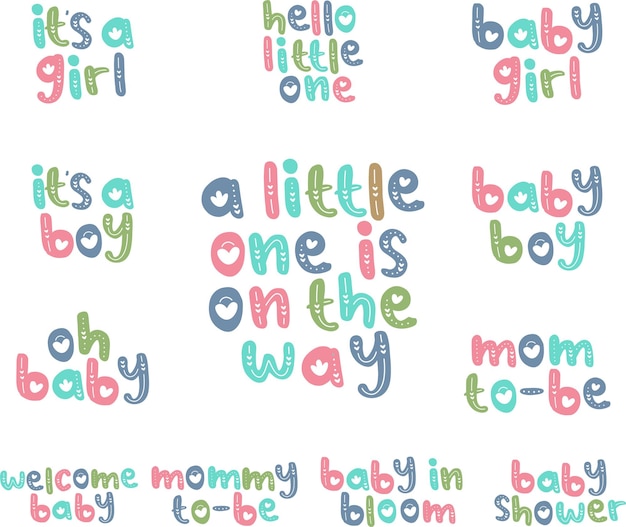 Vetor letras de chá de bebê com decoração de amor. conjunto de cartões vetoriais para chá de bebê com cor pastel. h