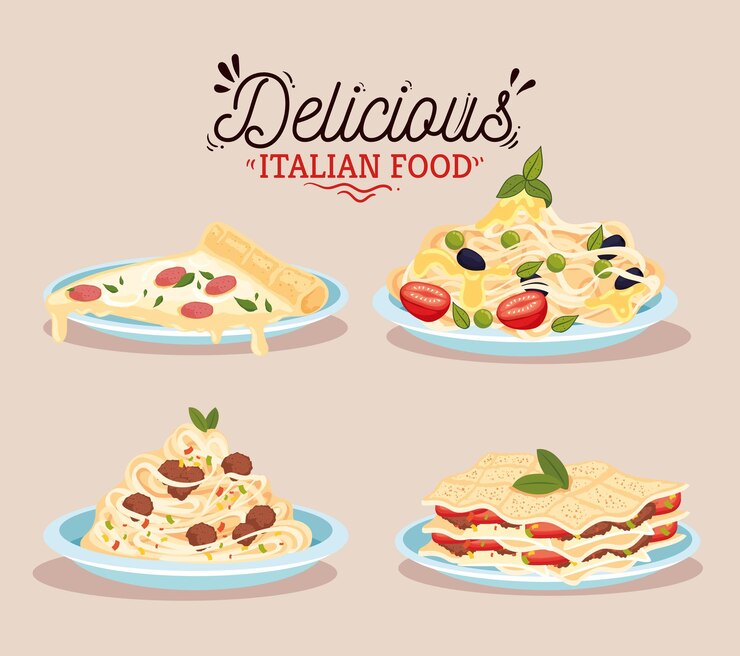 Vetor letras de comida italiana deliciosa com pratos
