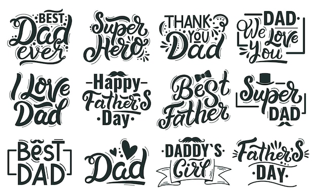 Letras de dia dos pais feliz. Mão desenhada letras citações, melhores frases de caligrafia de pai. Conjunto de ilustração de letras manuscritas do dia dos pais. Parabéns ao papai