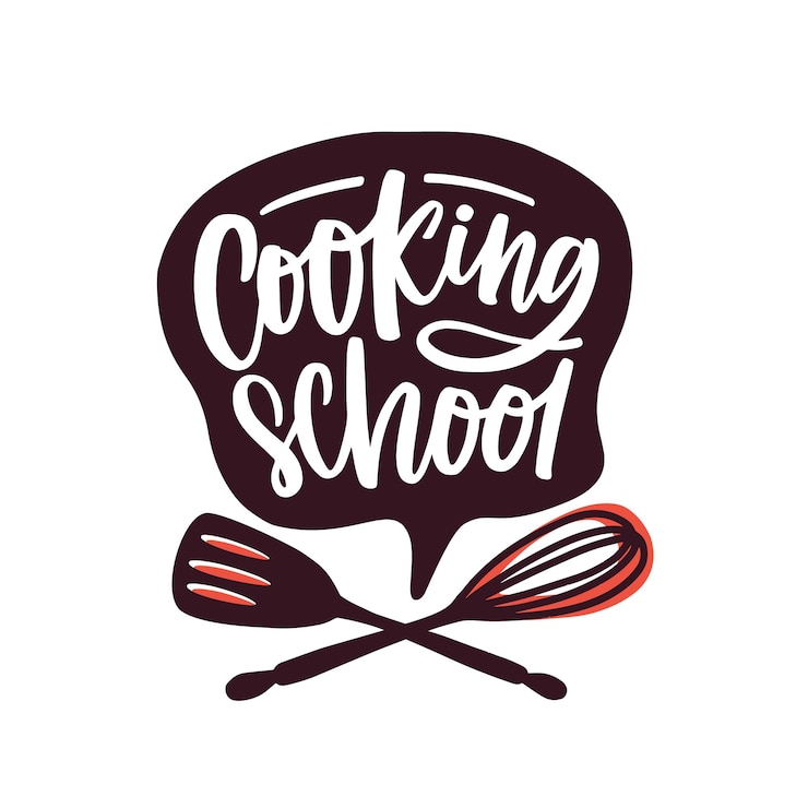 Vetor letras de escola de culinária escrita com fonte cursiva no logotipo de plana de vetor de bolha do discurso. logotipo dos cursos de culinária decorado com utensílios de cozinha. rótulo de promo dos desenhos animados de aulas de nutrição isoladas em branco.