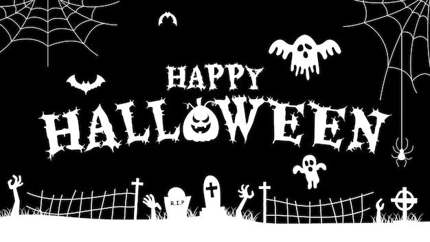 Letras de feliz dia das bruxas com abóbora de halloween, aranha, teia de aranha, morcego voador e fantasma