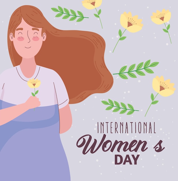 Letras de feliz dia das mulheres com ilustração de mulher levantando flores