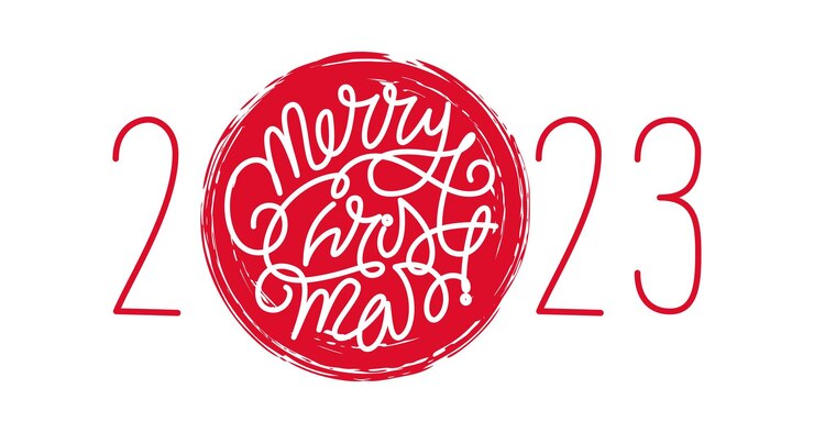 Vetor letras de feliz natal desenhadas à mão com o ano de 2023 no círculo de tinta vermelha