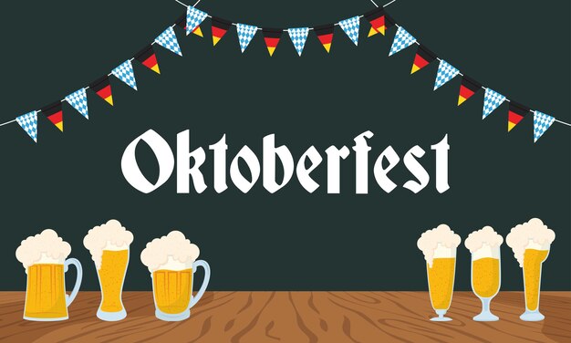 Letras de festa da Oktoberfest com design de ilustração vetorial de cervejas e guirlandas