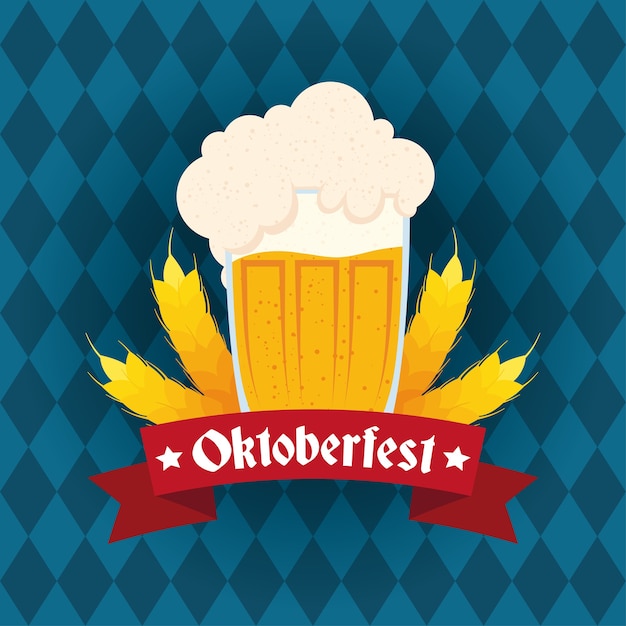 Letras de festa oktoberfest em fita com jarra de cerveja e ilustração vetorial de espigas de cevada