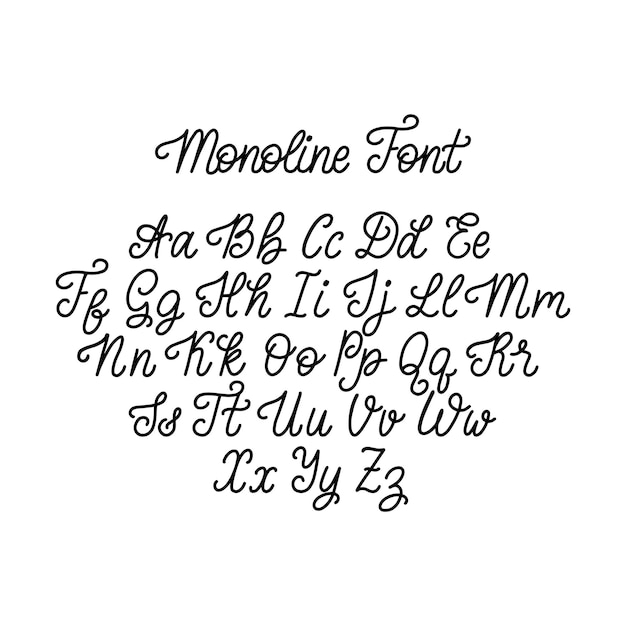 Letras de fonte monoline caligráfica em fundo branco. alfabeto de letras de mão do vetor.