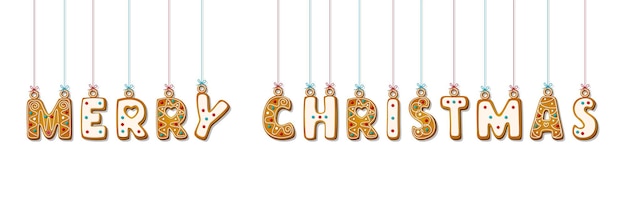 Letras de gengibre com frase feliz Natal em estilo cartoon de suspensão. Biscoitos doces em mensagem de férias isolada no fundo branco. Ilustração vetorial