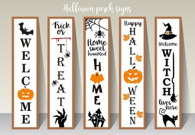 Vetor letras de halloween com teia de aranhas de abóbora sinal vertical de halloween sinal de varanda frontal