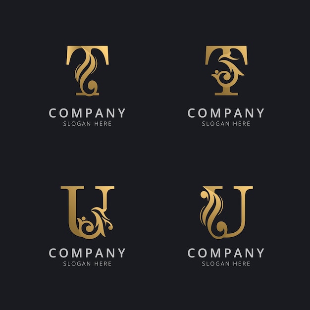 Letras de luxo t e u com modelo de logotipo dourado