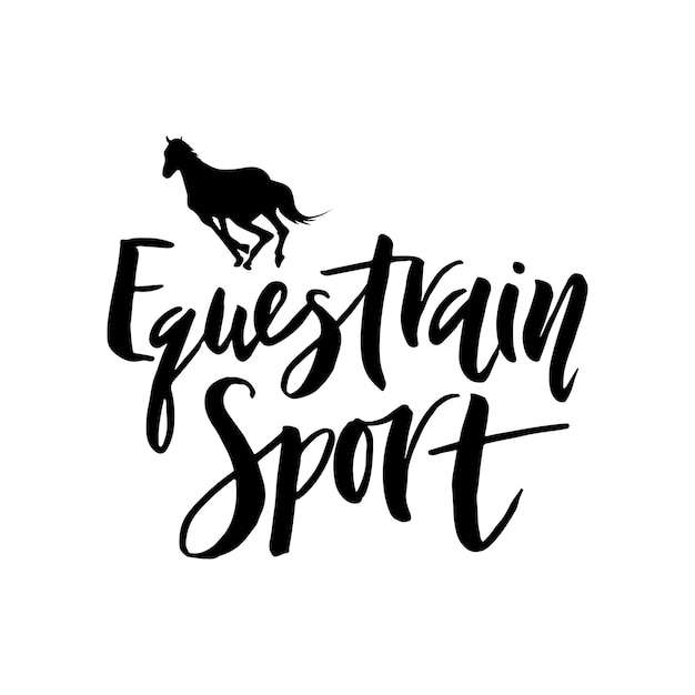 Letras de mão do esporte Eguestrain com silhueta preta de cavalo galopando Modelo de logotipo