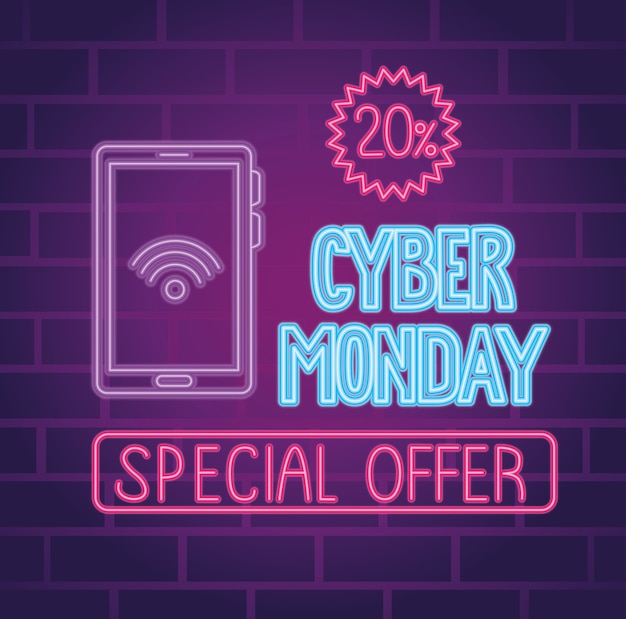 Letras de néon de cyber monday com smartphone e design de ilustração de selo