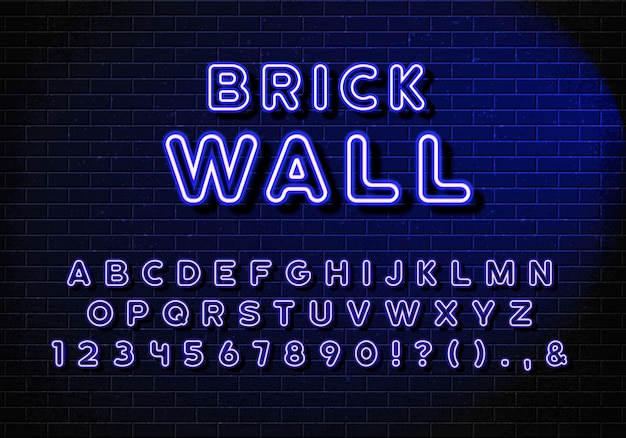 Letras de néon realista do alfabeto inglês. letras do alfabeto azul conjunto com efeito de brilho azul no fundo da parede de tijolo.