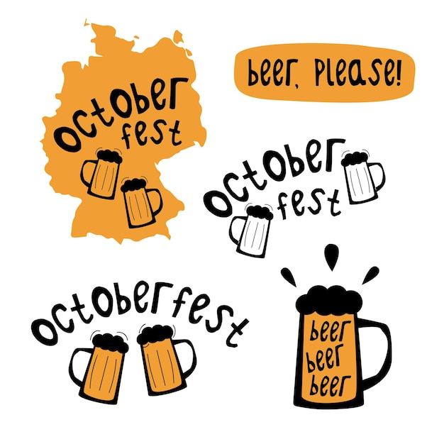 Letras de octoberfest com copos de cerveja e alemanha. adesivos de decoração de festival de cerveja. arte vetorial